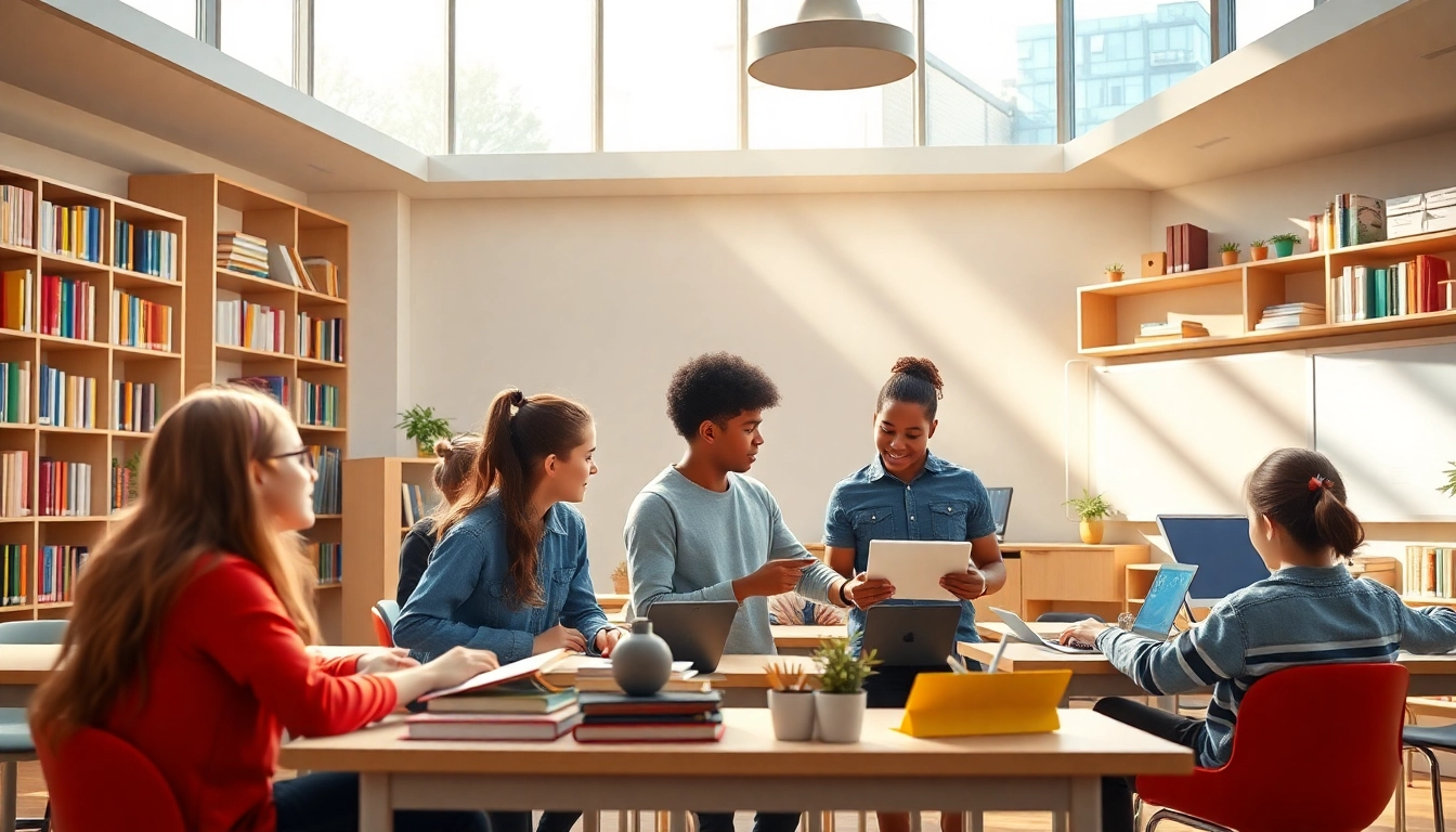 Education-focused modern classroom with diverse students engaging in collaborative learning.