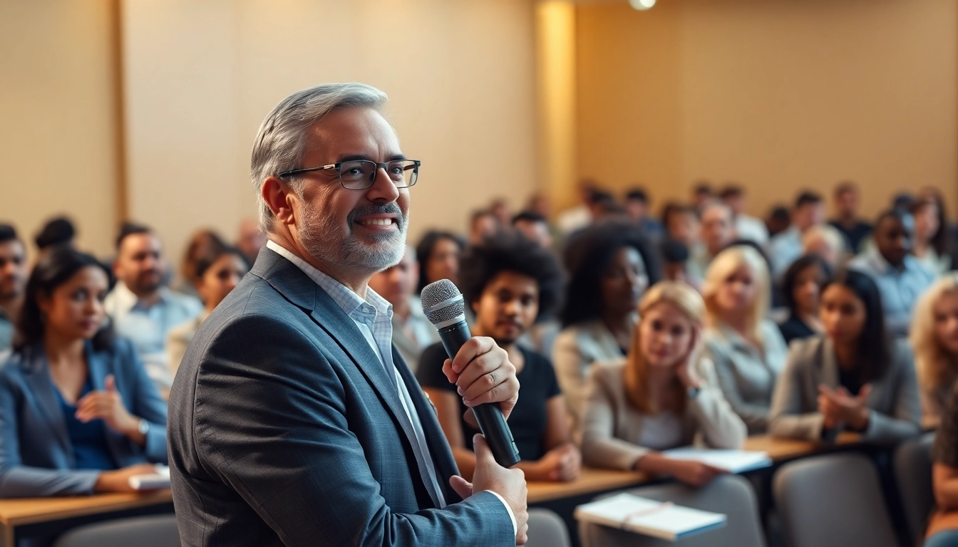 Speaker confidently overcoming fear of public speaking in a well-lit conference setting.