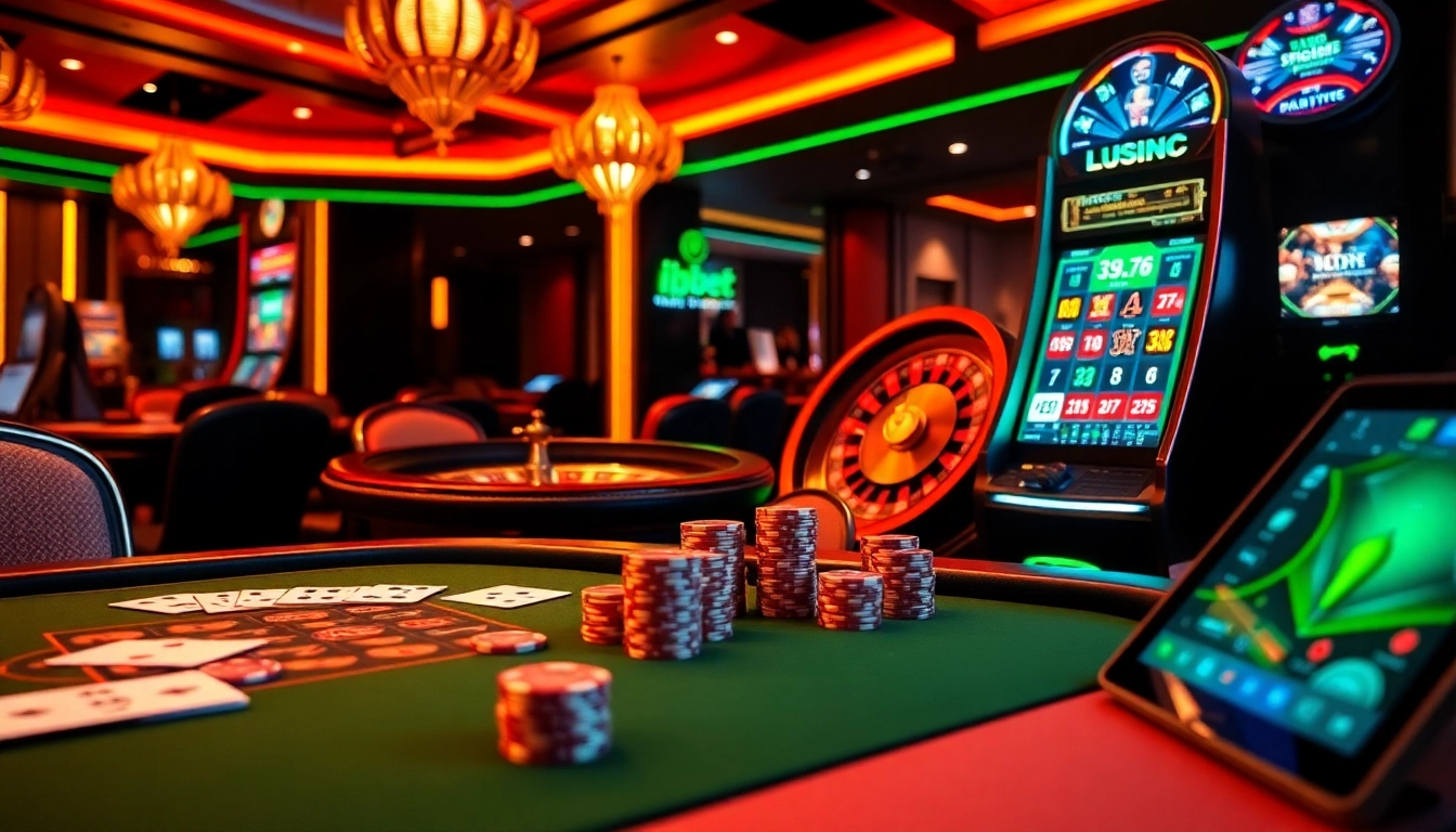 Experience the thrill of winning at i9bet with vibrant casino visuals, featuring poker tables and slot machines.