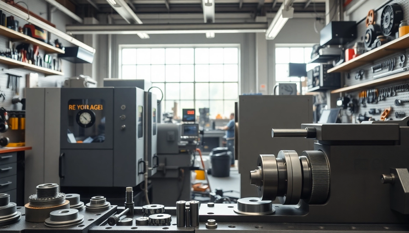 Custom part manufacturer workspace showcasing CNC machines and precision tools in a professional setting.