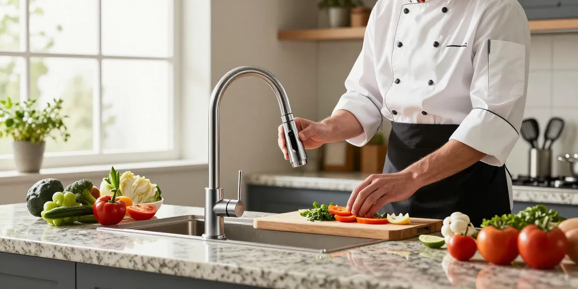 Modern kitchen faucets in action, showcasing a chef using a stylish pull-down faucet while preparing fresh ingredients.