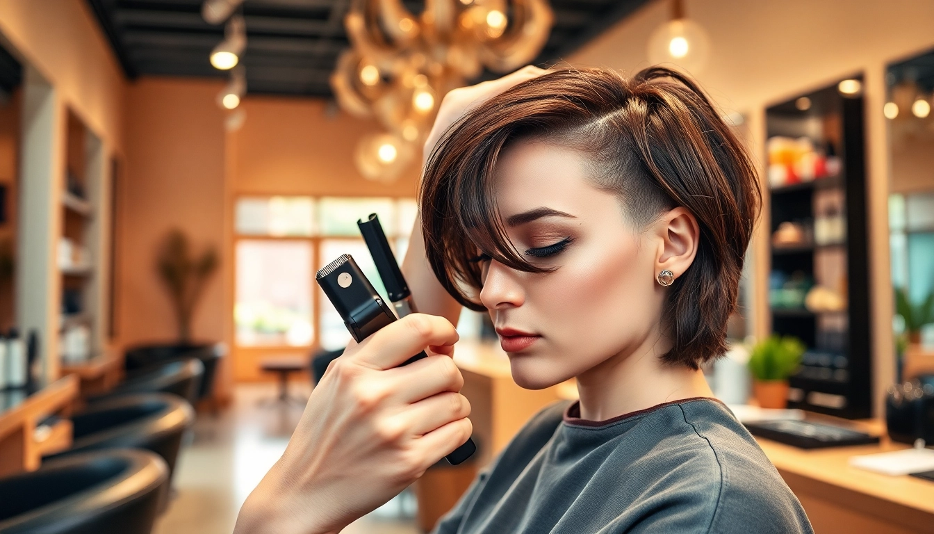 Expert hairstylist crafting a fresh look at a salon de coafura, showcasing modern styling tools and bright ambiance.