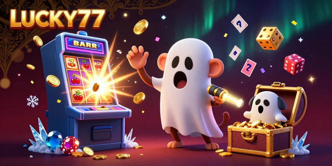 Engage with LUCKY77 in a vibrant 3D casino scene, featuring a playful monkey and ghost-hunter puppy amid sparkling elements.