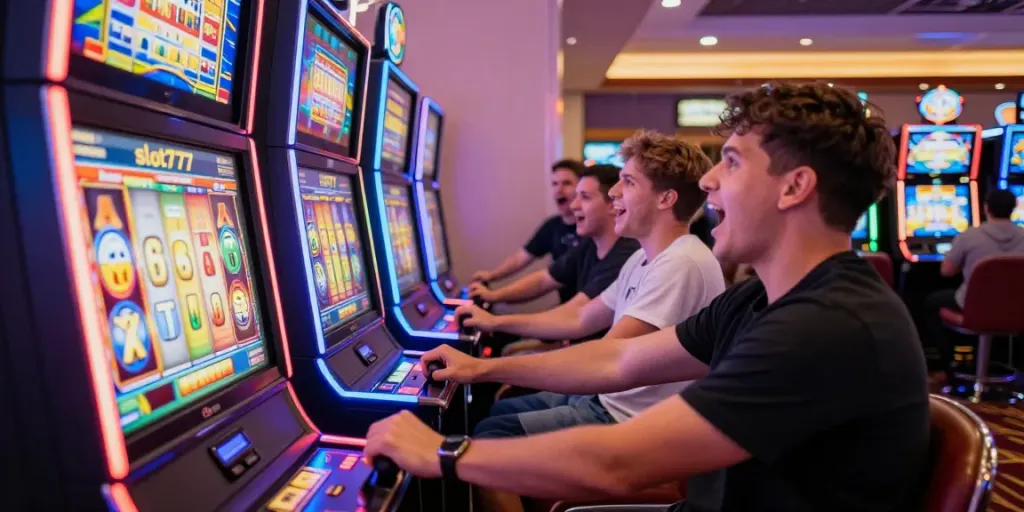 Slot777 mesin permainan kasino dengan pemain antusias beraksi