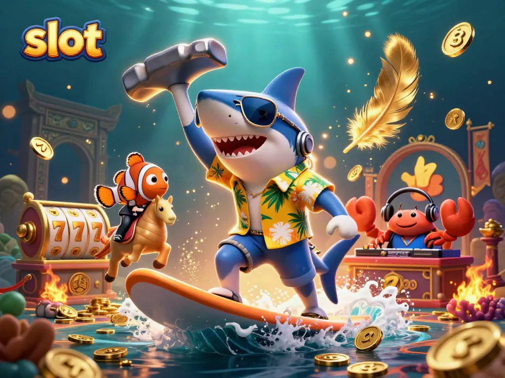Play exciting slot games with thrilling visuals and imaginative characters in vibrant casino scene.