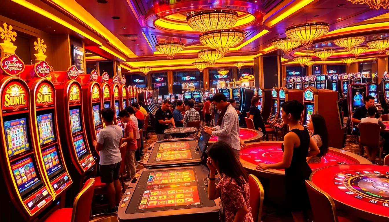 Para pemain menikmati sensasi slot depo pulsa di lantai kasino mewah.