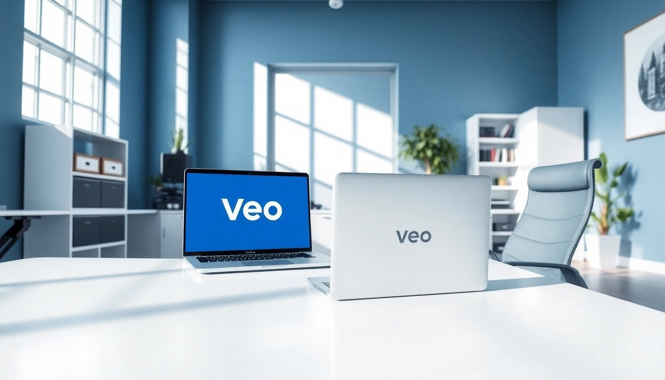 Showcase a productive workspace with the veo laptop on a stylish desk, emphasizing modern design.