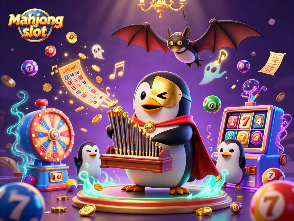 Engaging mahjong slot scene with a phantom penguin, exciting slot reels, and vibrant game elements.