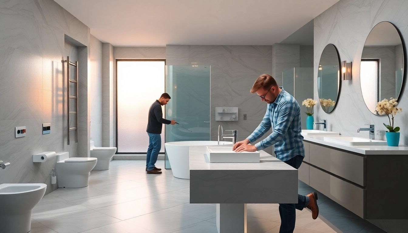 Bathroom installers expertly working on a modern bathroom renovation with sleek fixtures.