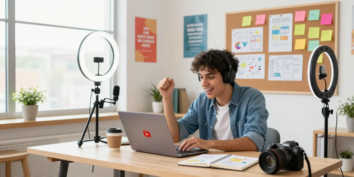 Engaging scene of a content creator illustrating creative ideas for YouTube growth in a vibrant home office.