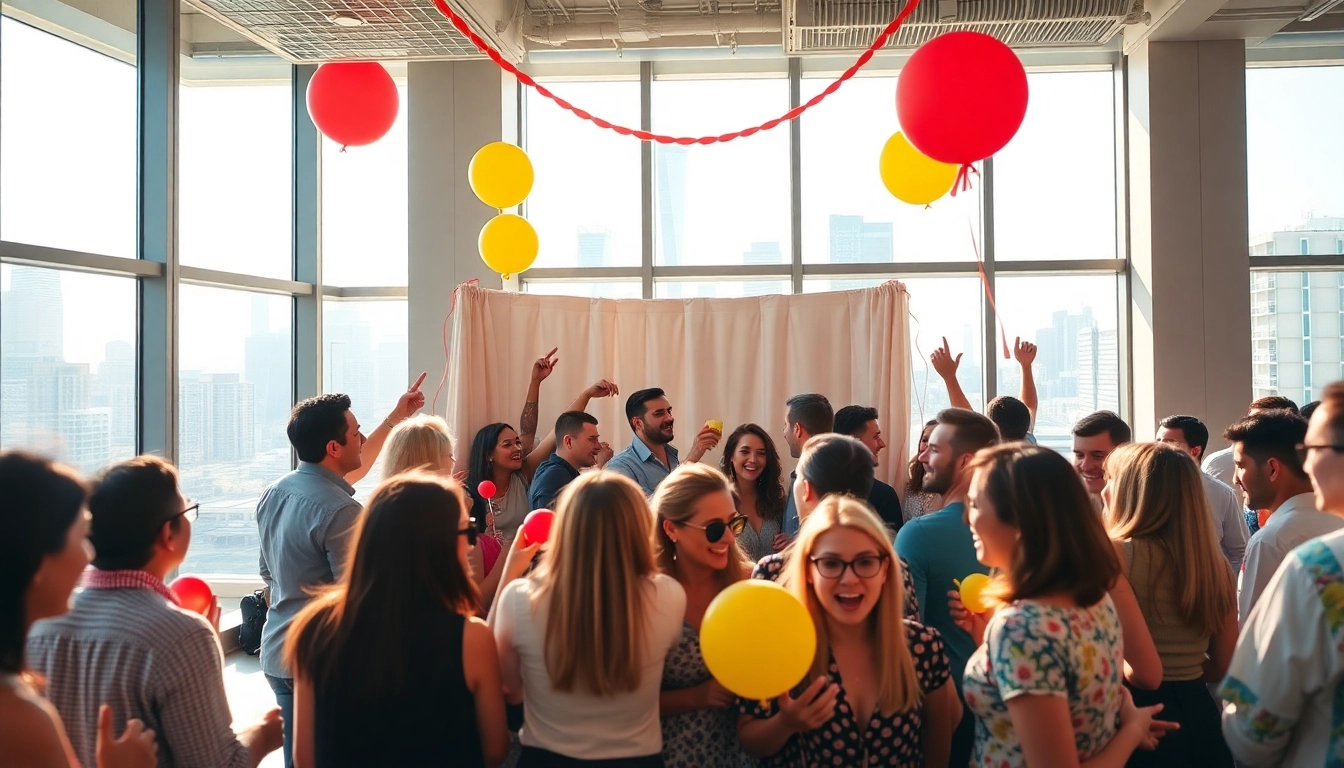 Guests enjoying a photo booth Chicago experience with vibrant decorations and props.