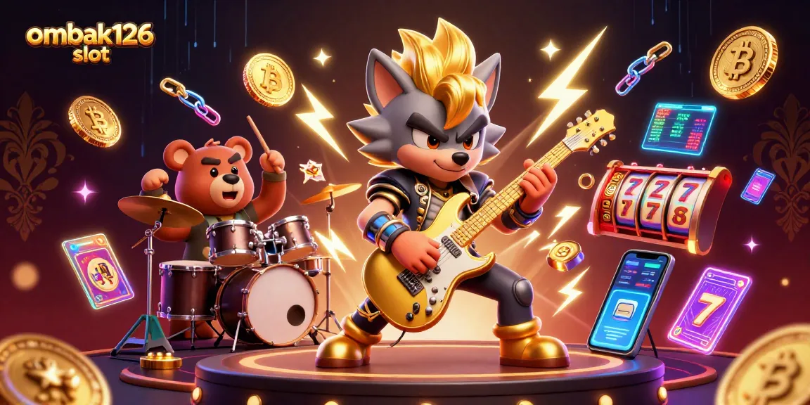 Join the excitement with ombak126 slot in this vibrant 3D casino illustration featuringrock star characters and crypto elements.