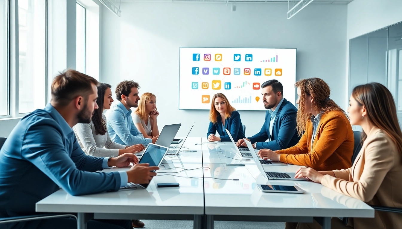 Engaging team discussing edmonton social media marketing strategies in a modern workspace.