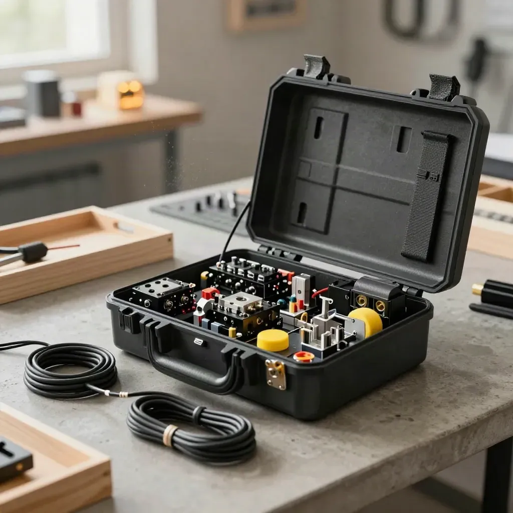 Open robot kit bundle on a workshop bench with motors, sensors, and cables in soft daylight.