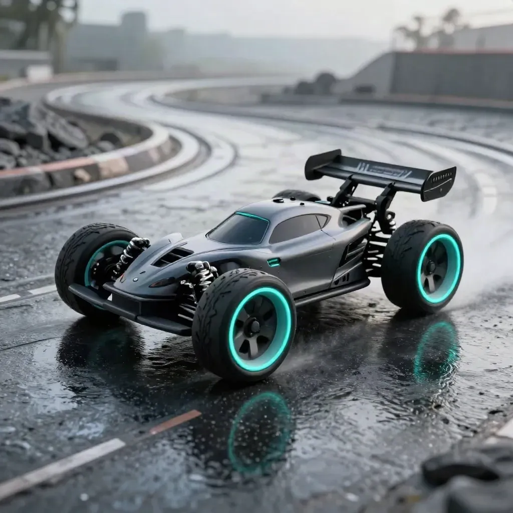 RC drift racer carving a wet turn on dark stone with teal underglow and tiny lane markers