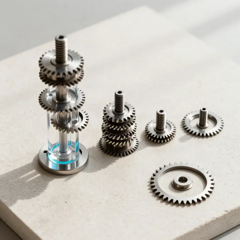 Overhead flatlay of a STEM gear tower set with clear columns, axle pins, and loose gear rings on pale stone.