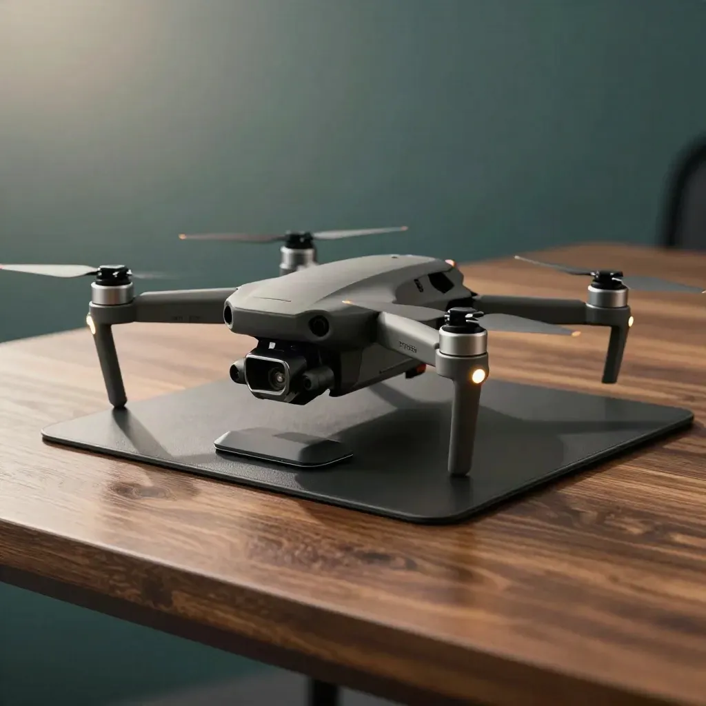 Mini drone hovering over a landing mat beside its charging pad on a warm walnut surface.