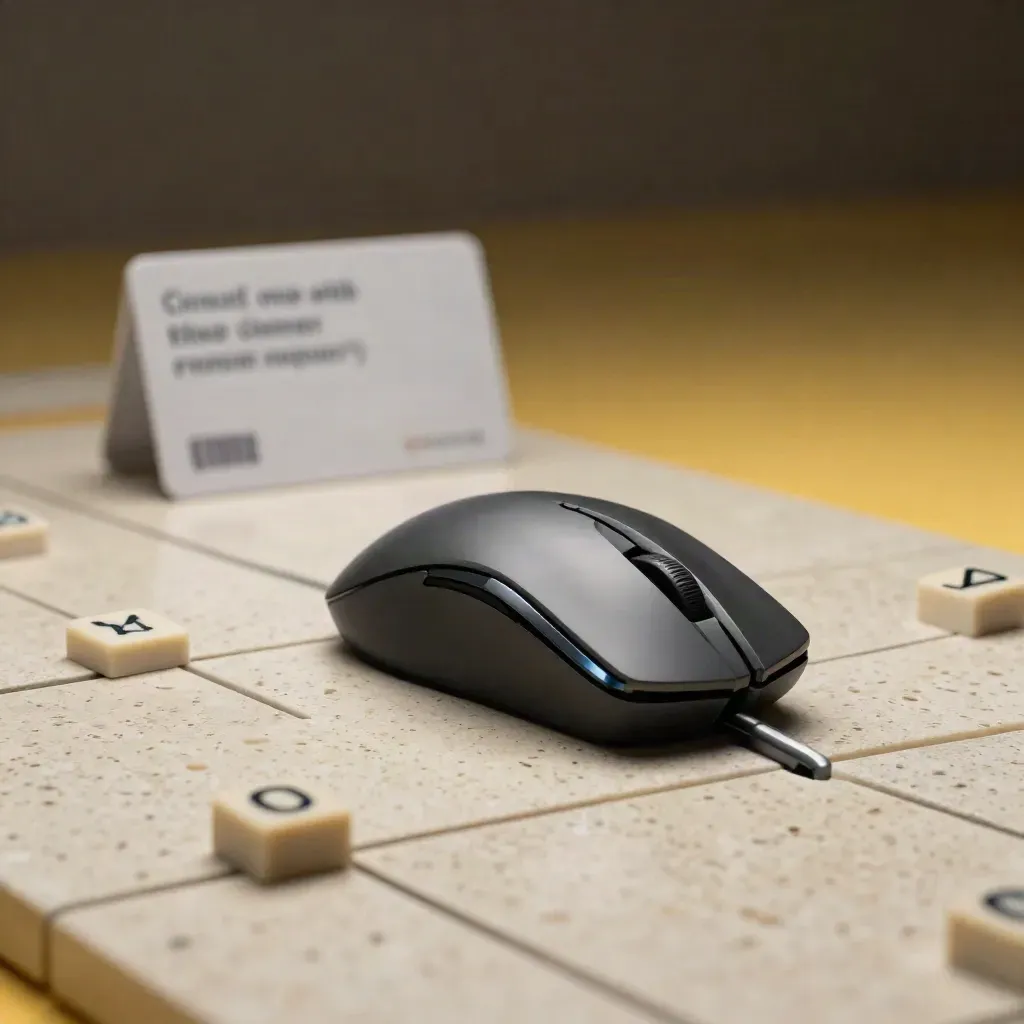 Graphite code-path mouse sliding past yellow tiles on a travertine studio surface.