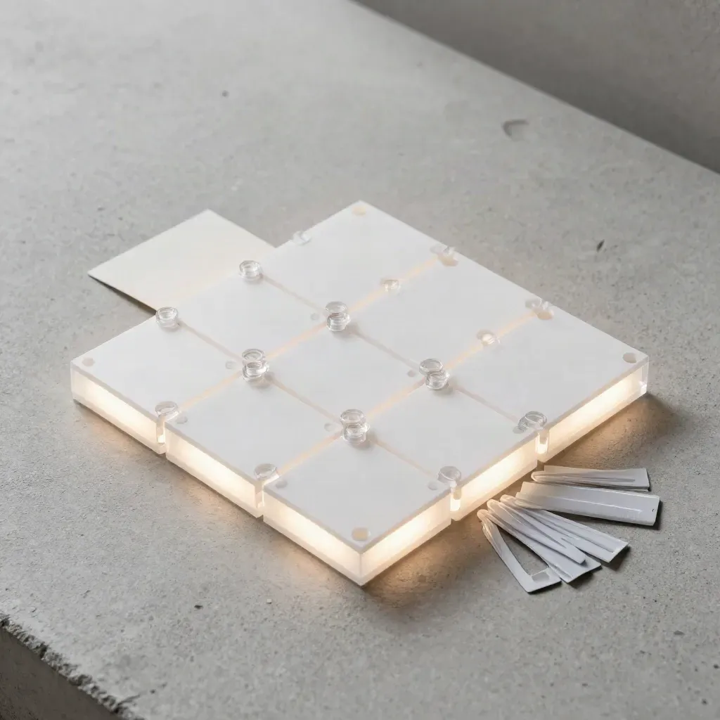 Overhead flatlay of glowing light-up building tiles forming a luminous corner on pale concrete.