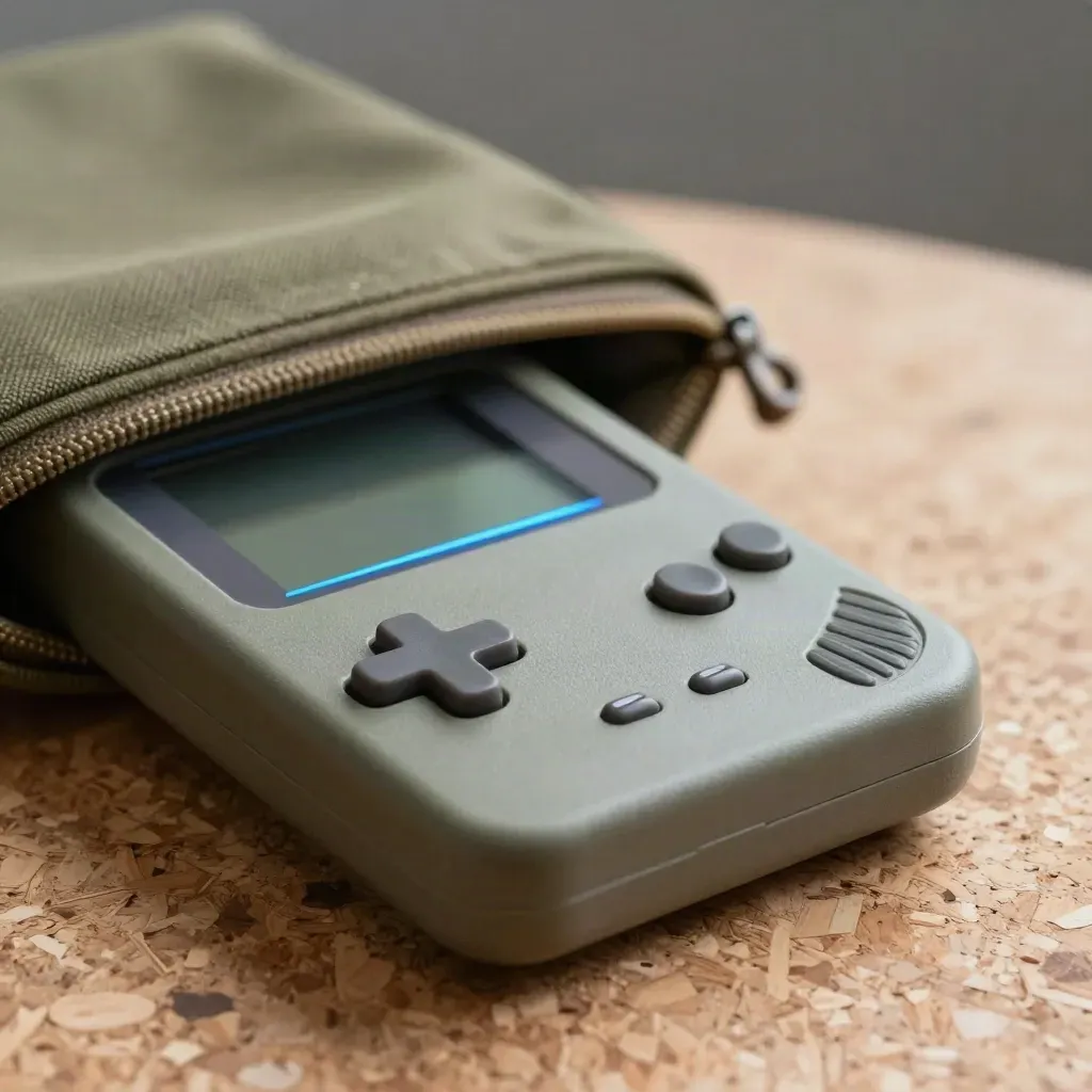 Macro handheld toy with glowing controls beside a khaki travel pouch on cork