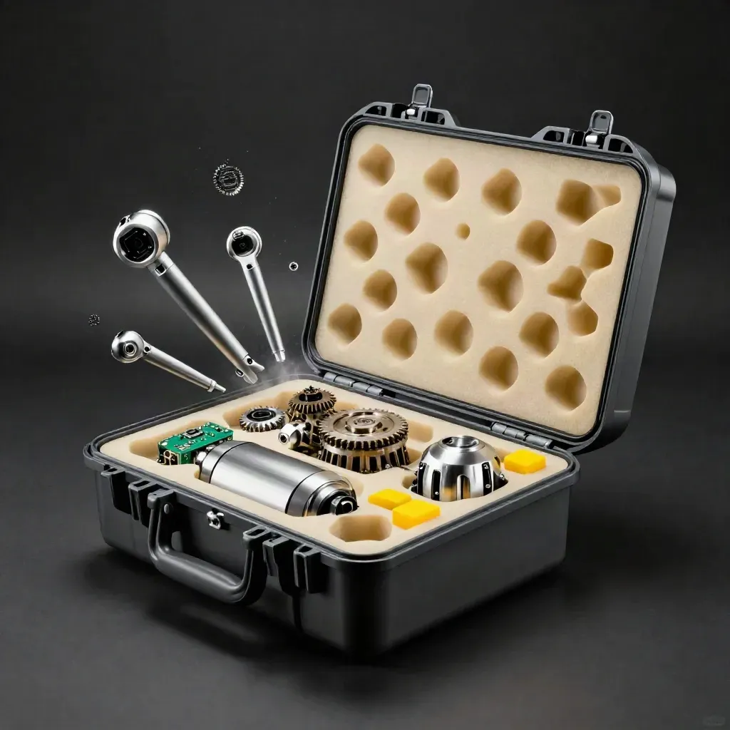 Open robot kit case with parts, sensors and yellow blocks on a dark studio plinth.