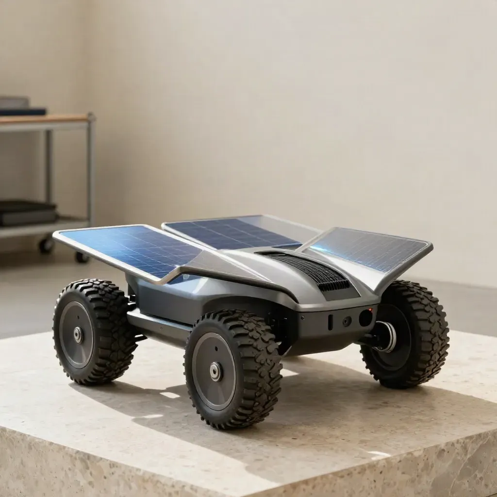 Solar rover kit on travertine, tipped toward light with solar wings and wheel set.