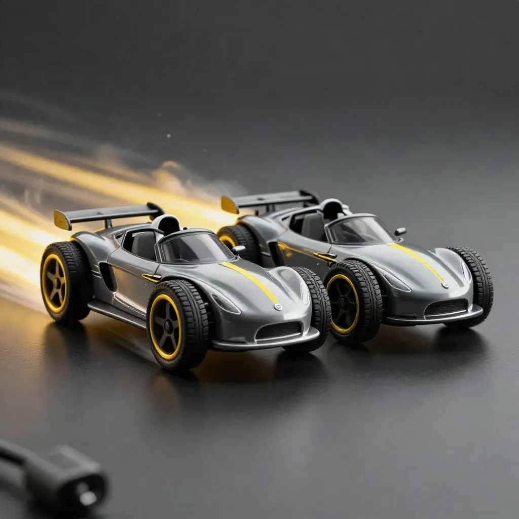 Two LED race cars streak across a dark studio surface with wheels and a cable.
