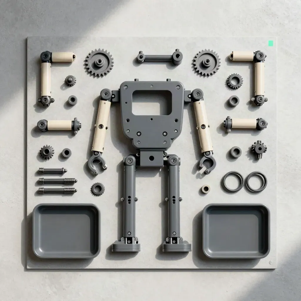 Overhead flatlay of a bot kit with sorted parts, chassis frame, gears and trays on concrete.