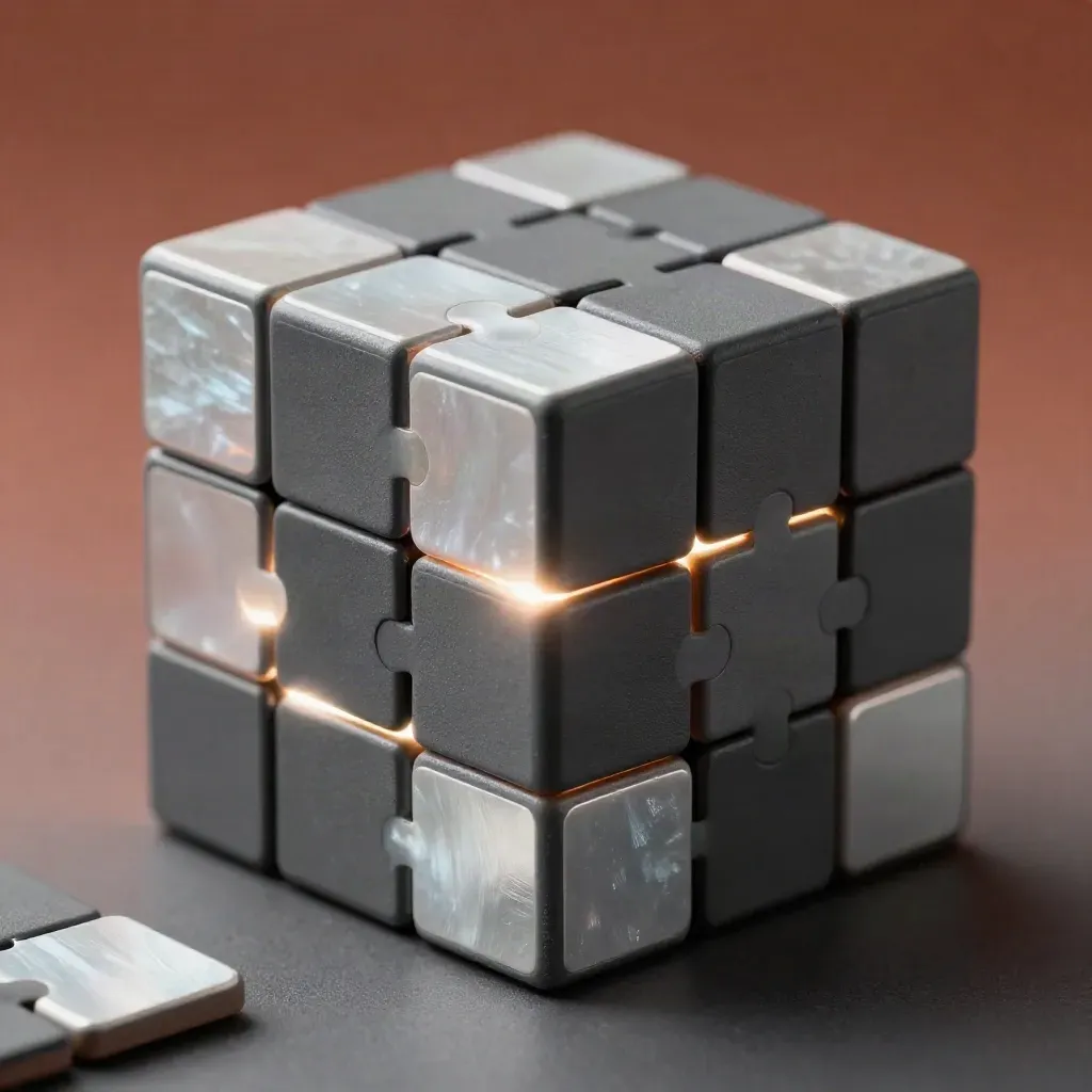 Macro of a glowing smart puzzle cube with interchangeable face plates and loose tiles