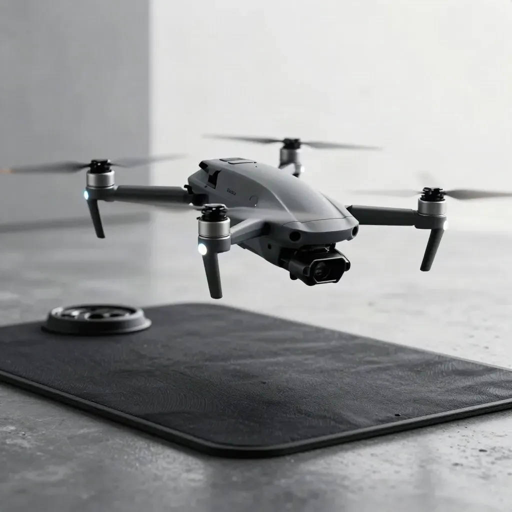 Unbranded stunt drone arcs above a landing pad with spare prop rings on a dark studio mat.