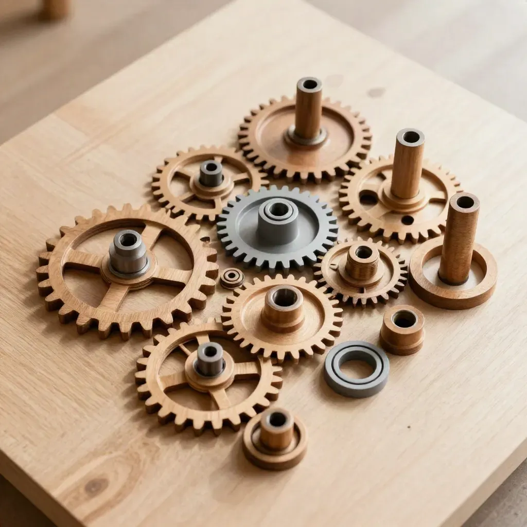 Overhead flatlay of wooden gears, shafts and spacer rings arranged on pale oak.