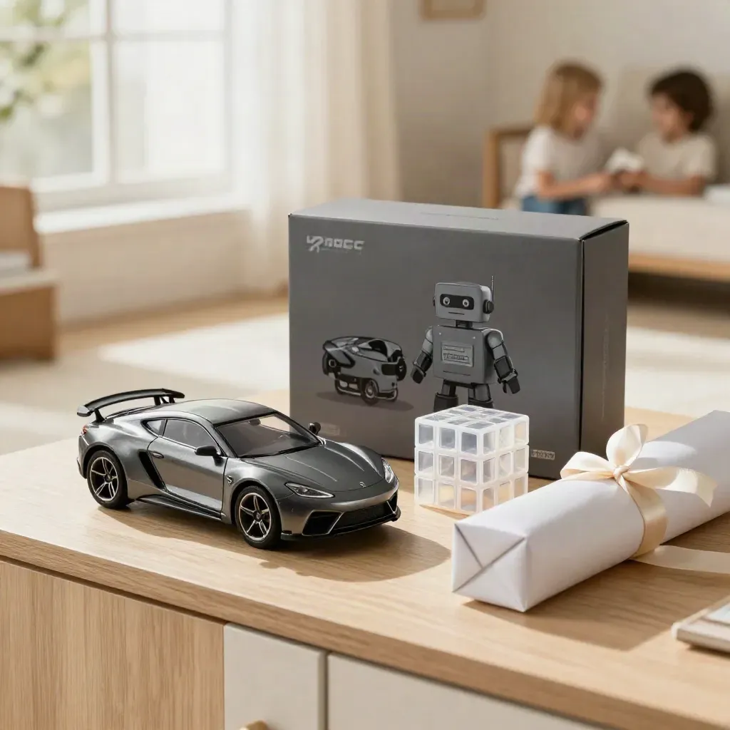 Unbranded birthday tech bundle with RC car, robot kit box, puzzle cube and wrap paper on a sunlit sideboard.