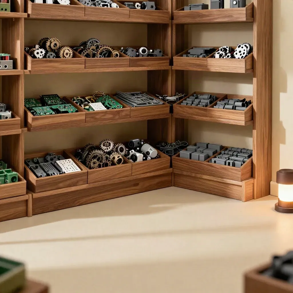 Warm walnut robot-kit shop corner with bins of parts and calm copy space below.