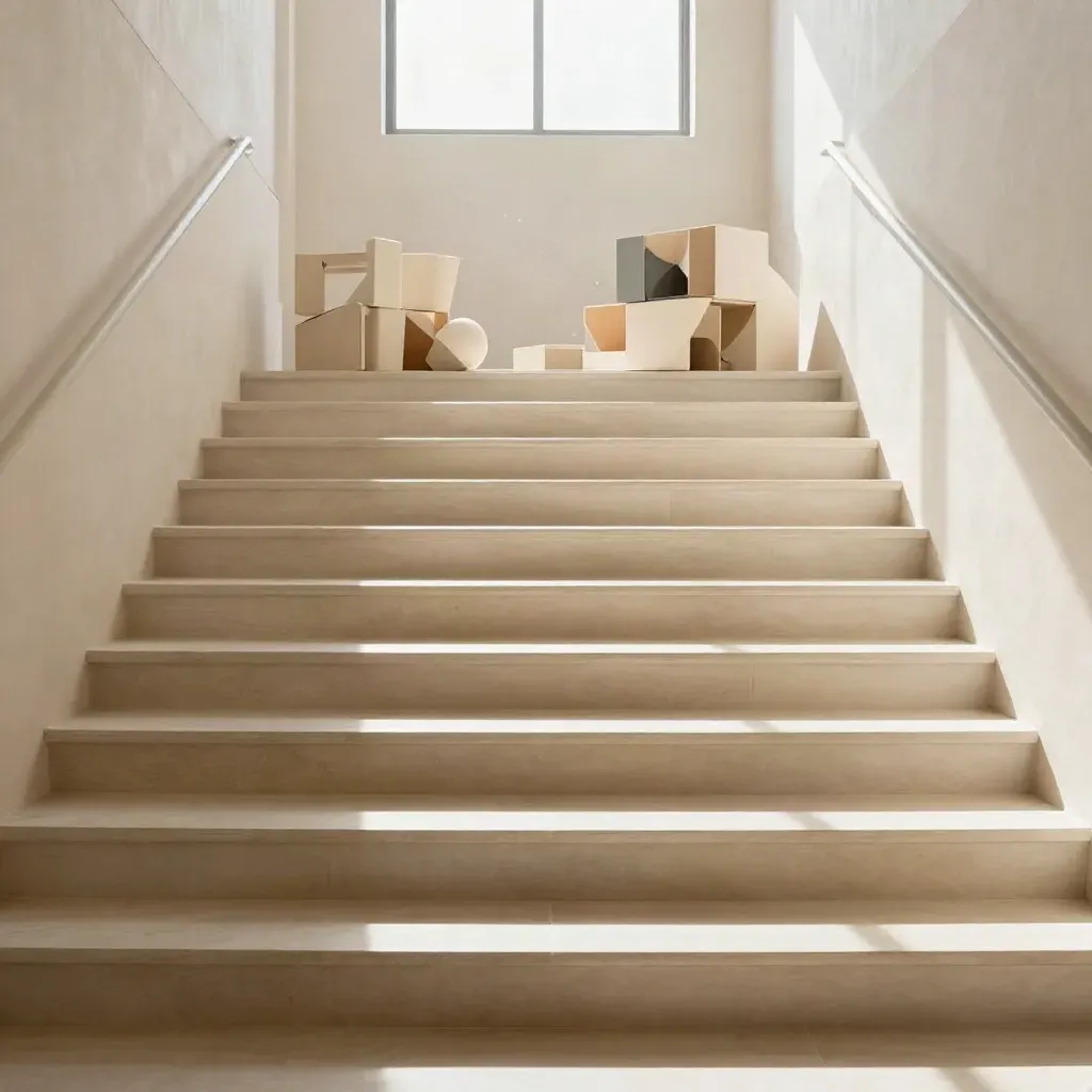 Sunlit atrium stairwell with stone landings and a small STEM model on the upper landing.
