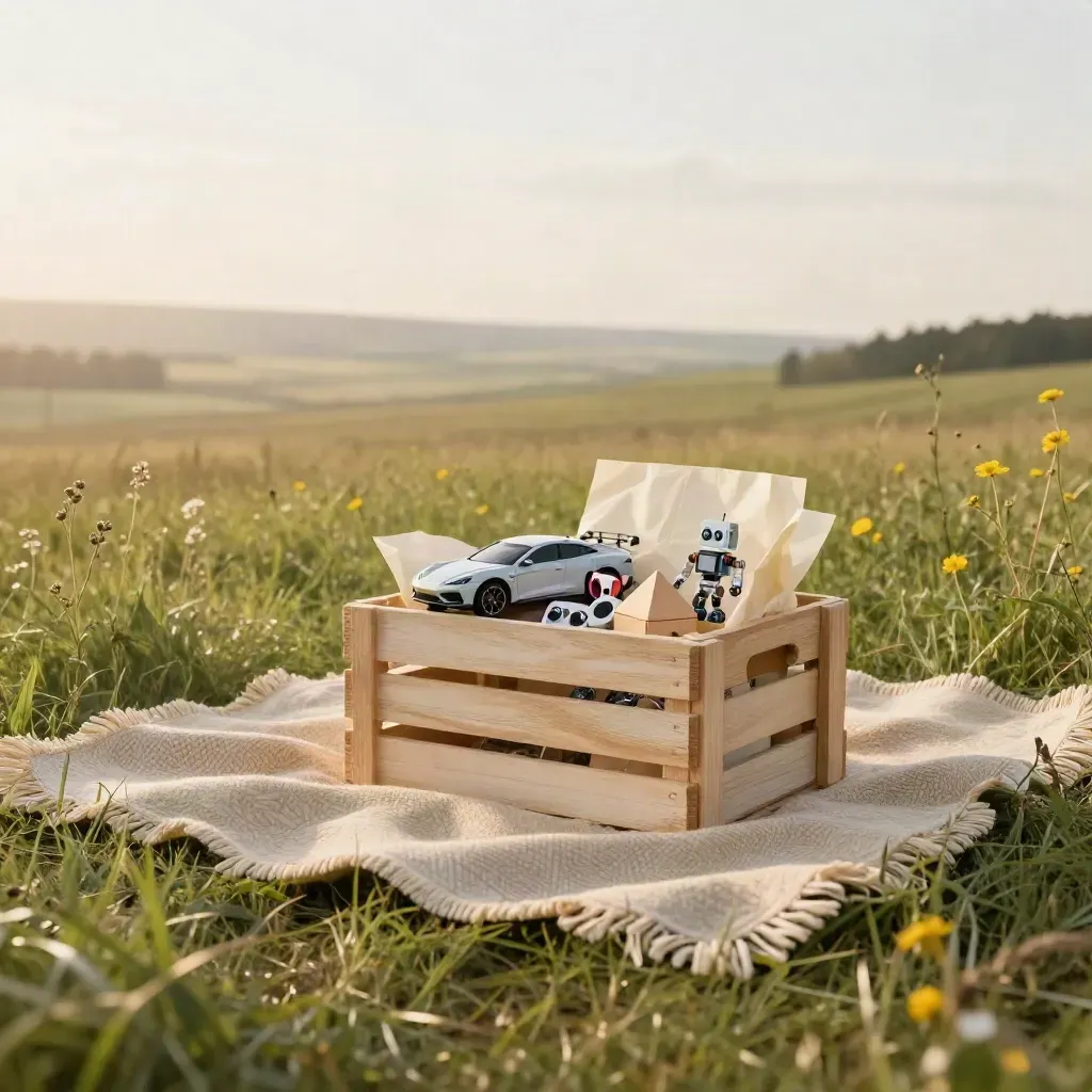 Golden meadow picnic edge with woven blanket, wooden crate of toy bundle items, and soft grass.