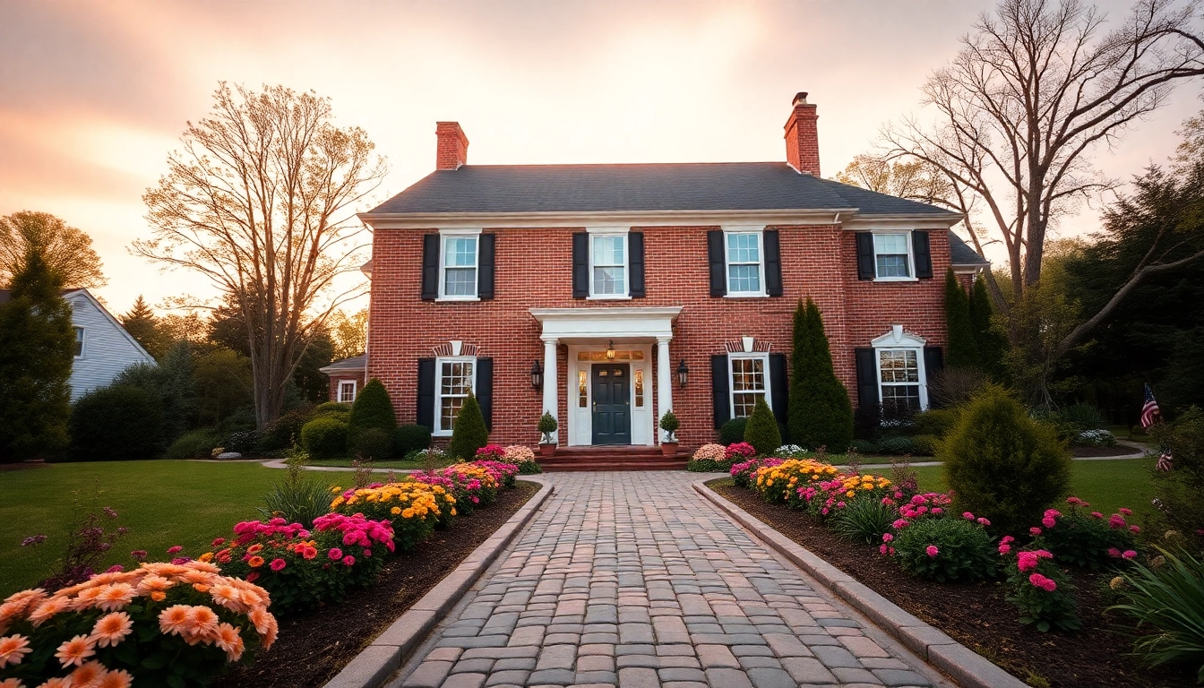 Stunning colonial home build showcasing traditional architecture and lush gardens.