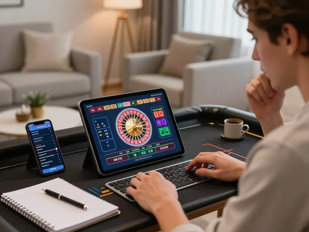 Orang bermain roulette dealer langsung di tablet di rumah, fokus pada strategi dan peluang paris888.