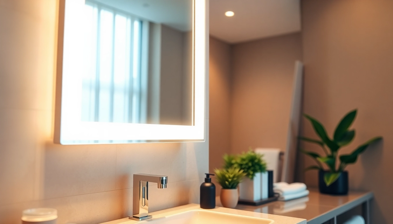 Enhance your space with a modern mirror with Lights perfectly illuminating a stylish bathroom.