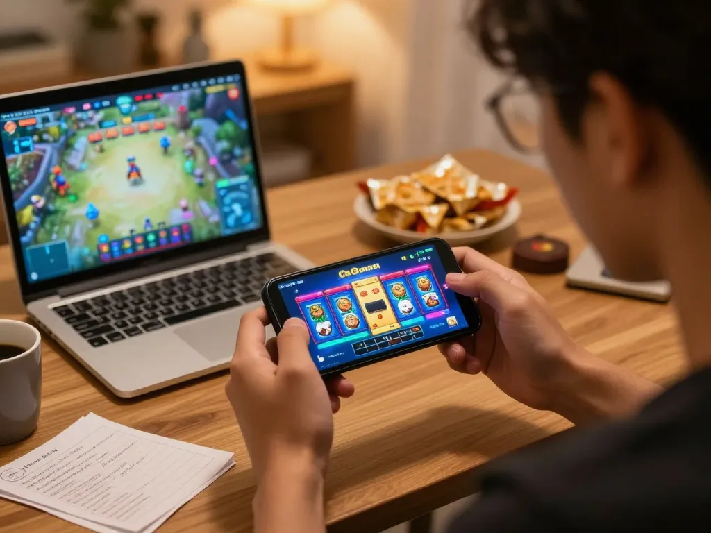 Player spinning slot gacor game on smartphone in cozy home setting with strategic notes.