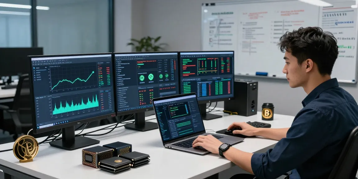 Crypto mining service visualization with advanced tech setup, showcasing multiple monitors tracking performance metrics, ensuring security and efficiency in digital asset management.