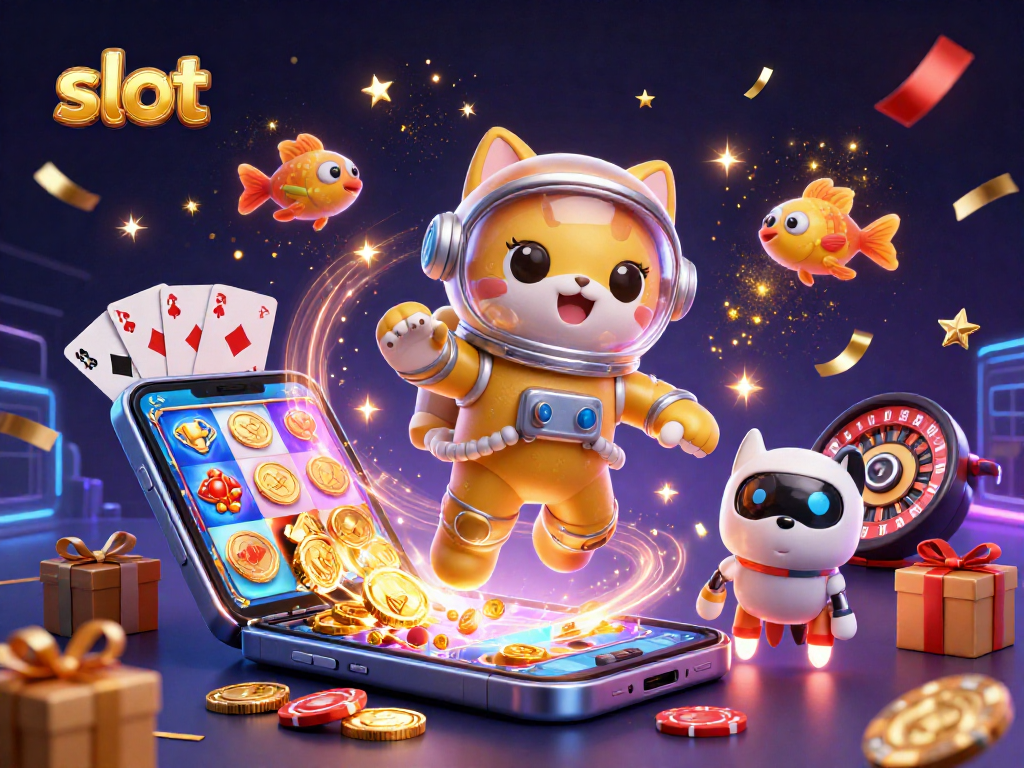 Slot permainan mengasyikkan muncul dari smartphone, dikelilingi kucing astronot dan anjing robot.