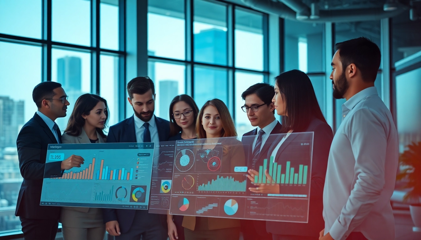 Engaged professionals using AI for competitive intelligence in a modern office setting.