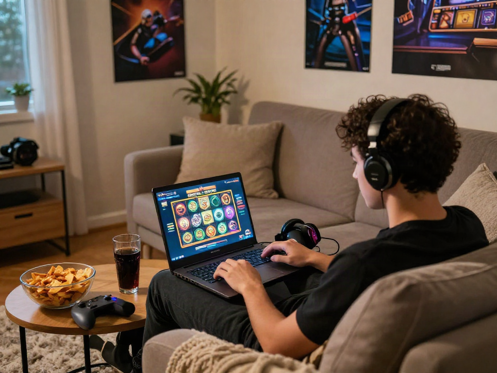 Home gaming setup featuring engaging slot server luar negeri gameplay with snacks and cozy ambiance.