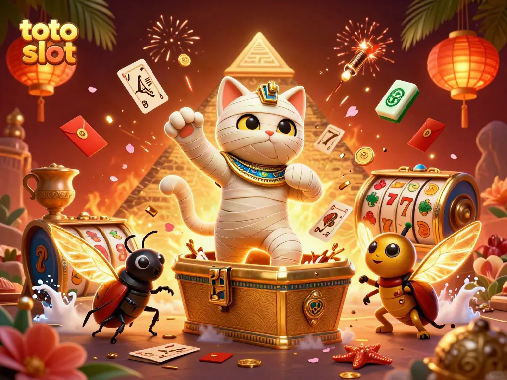 Engage with the thrilling world of toto slot amidst festive casino elements and a vibrant backdrop.
