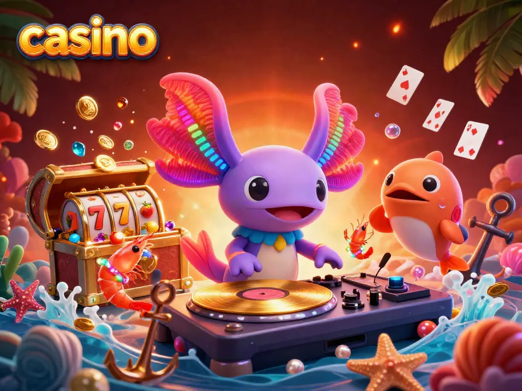 Experience the thrill of the casino with this vibrant illustration of an axolotl DJ, surrounded by glowing game elements.