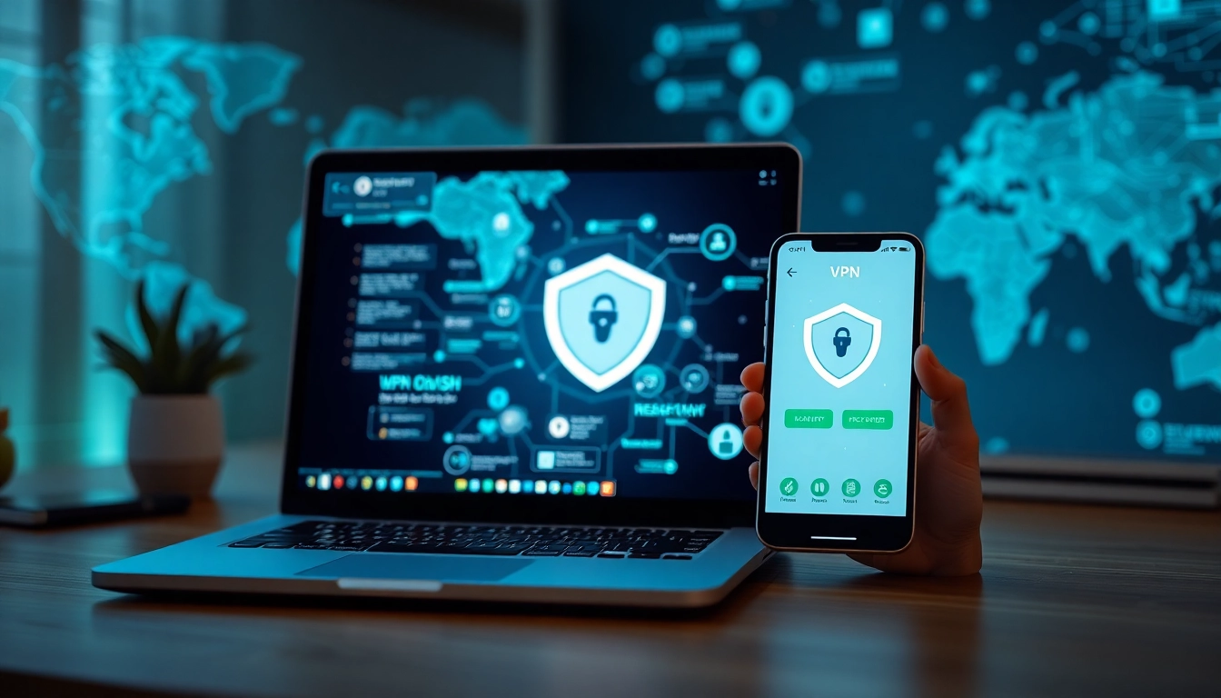 显示在设备上的快连 VPN 界面，象征现代家庭办公室的安全与快速。