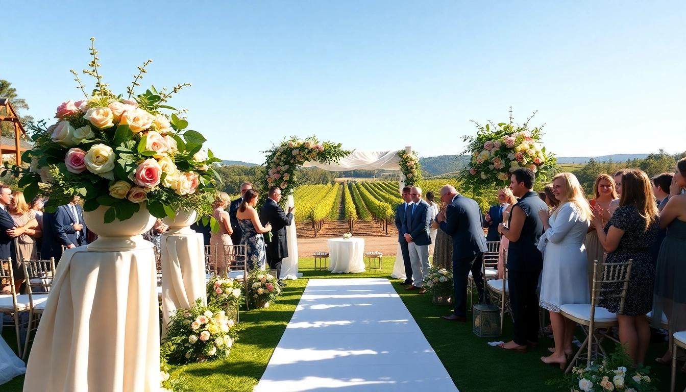 Guests celebrating at wedding venues northern California adorned with flowers and breathtaking landscapes.