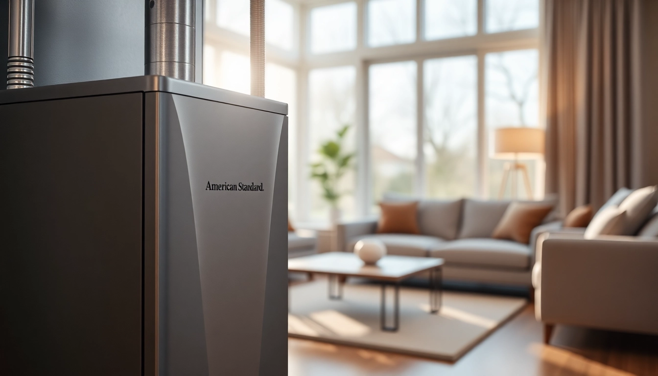 View an American Standard furnace in a cozy setting demonstrating its sleek design and functionality.