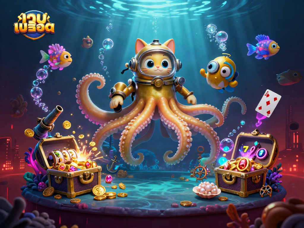 Engage with เว็บสล็อต through a vivid 3D scene of kraken, cat diver, and slot reels.