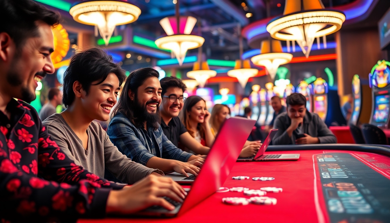 Spieler, die casino spielen online, genießen eine aufregende Gaming-Umgebung mit Laptops und Chips